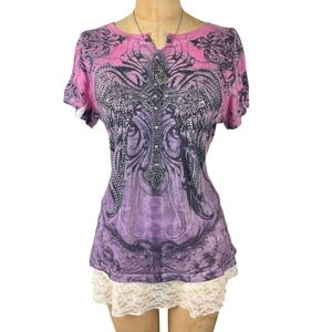 Y2K McBling Graphic Tee Rhinestone Cross Gothic Sz L 2000'S Fairy Grunge Cyber